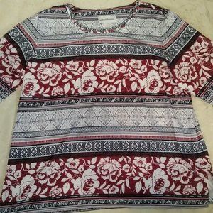 Alfred Dunner Women's  Burgundy, Black & White 3/4 Length Sleeve Top Size Large